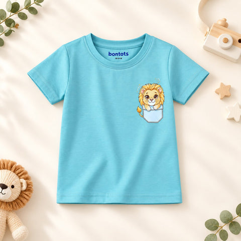 Lyocell Cotton Girls Tshirt Shorts Set "Mimo the Lion"  print, Aqua Blue