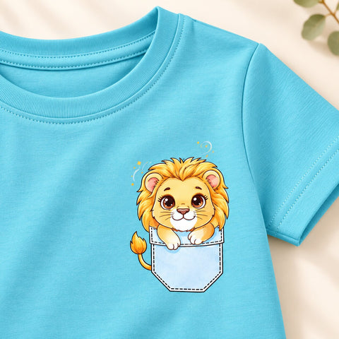 Lyocell Cotton Girls Tshirt Shorts Set "Mimo the Lion"  print, Aqua Blue