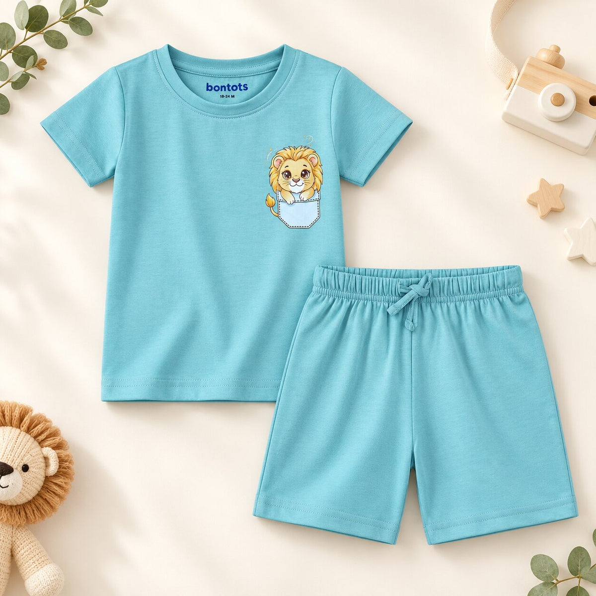 Lyocell Cotton Girls Tshirt Shorts Set "Mimo the Lion"  print, Aqua Blue