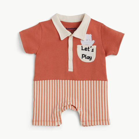 Printed Romper Combo Set – Polo Collar Car Print & Striped Play Theme Rompers