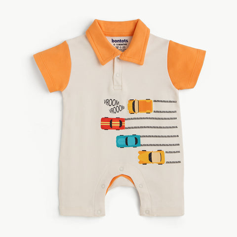 Printed Romper Combo Set – Polo Collar Car Print & Striped Play Theme Rompers