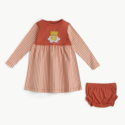 Organic Cotton Printed Dress Combo Set – Bear Print & Striped Designer Dresses