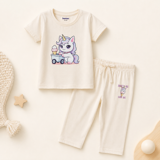 Luna the Unicorn Tshirt Pyjama Set Lyocell Cotton Blend | Beige