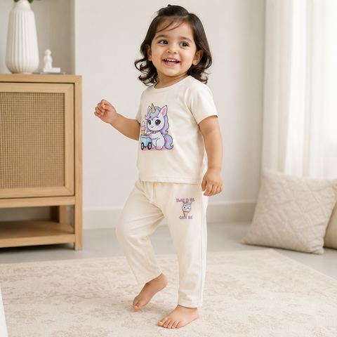 Luna the Unicorn Tshirt Pyjama Set Lyocell Cotton Blend | Beige