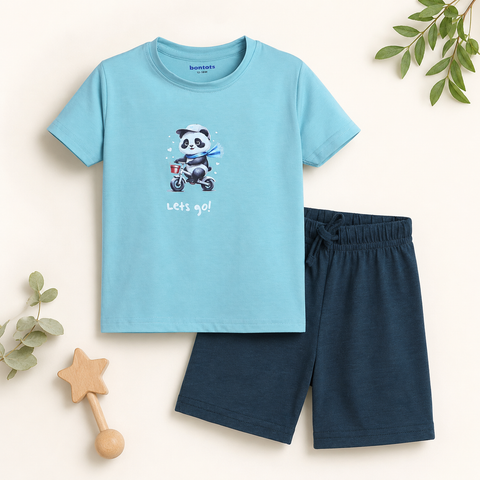Poko the Panda Tshirt Shorts Set Lyocell Cotton Blend | Blue