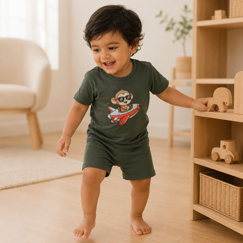 Kiki the Monkey Tshirt Shorts Lyocell Cotton Blend | Green