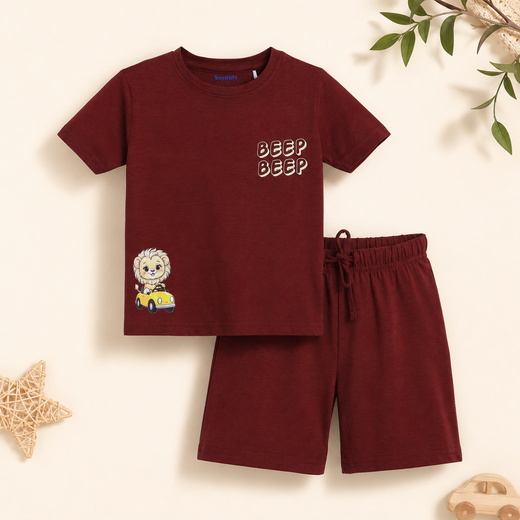 Mimo the Lion Tshirt Shorts Set Lyocell Cotton Blend | Maroon