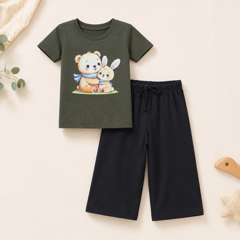 Bunny and Teddy Print Co-ord Set Lyocell Cotton | Olive Green