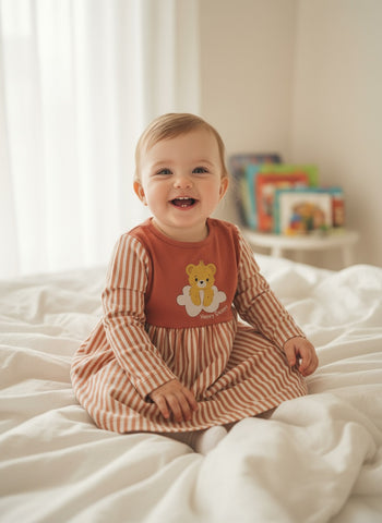 Happy Bear Striped Baby Dress & Bloomer Set